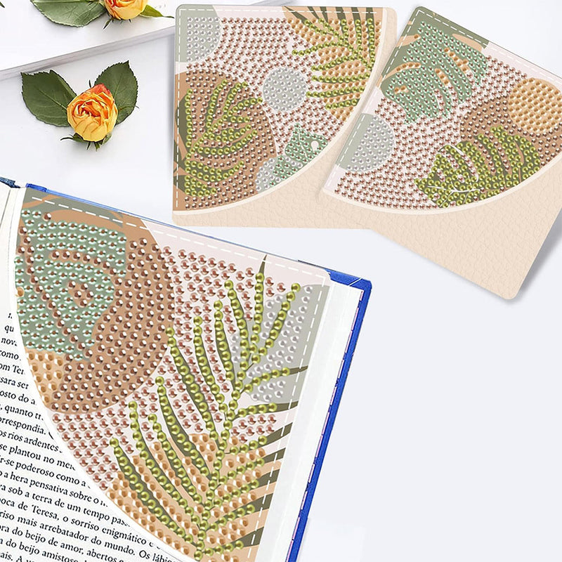 4Pcs de Marque-Pages Avec Coins Protecteurs en PU Feuilles de Plante Tropicale Broderie Diamant