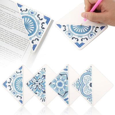 4Pcs de Marque-Pages Avec Coins Protecteurs en PU Mandala Bleu Broderie Diamant