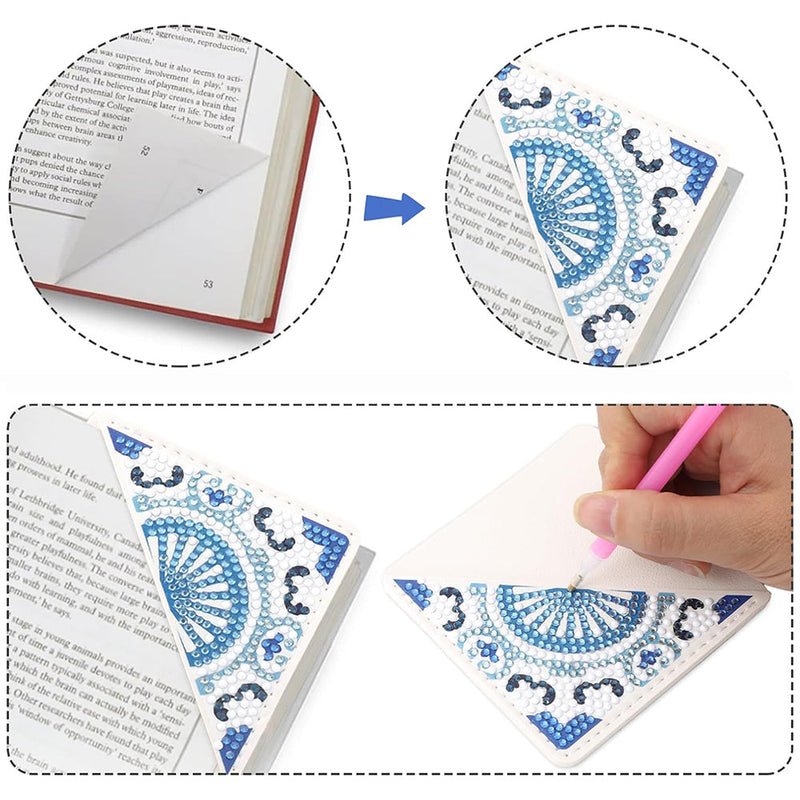 4Pcs de Marque-Pages Avec Coins Protecteurs en PU Mandala Bleu Broderie Diamant