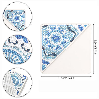 4Pcs de Marque-Pages Avec Coins Protecteurs en PU Mandala Bleu Broderie Diamant