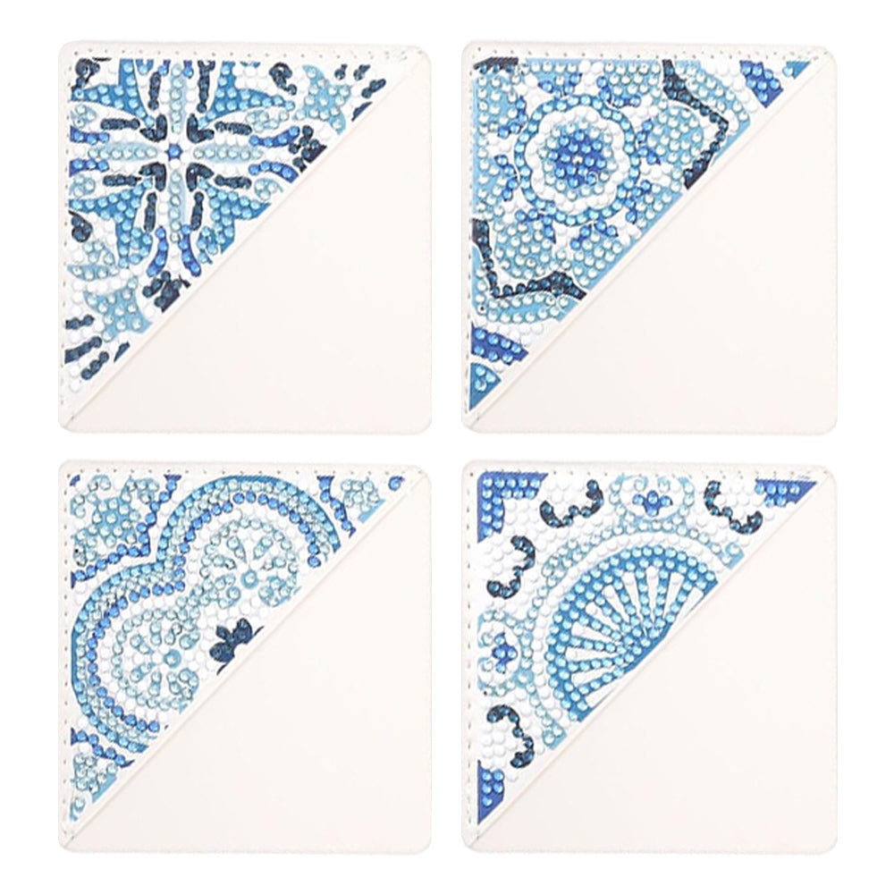 4Pcs de Marque-Pages avec Coins Protecteurs en PU Mandala Bleu Broderie Diamant