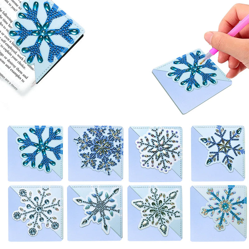 8Pcs de Marque-Pages Avec Coins Protecteurs en PU Flocon de Neige Bleu Broderie Diamant