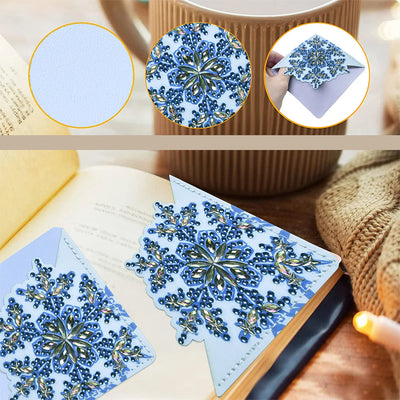 8Pcs de Marque-Pages Avec Coins Protecteurs en PU Flocon de Neige Bleu Broderie Diamant