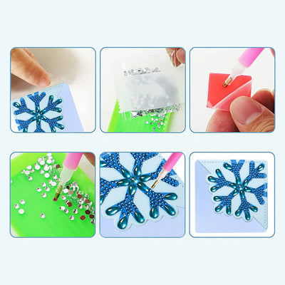 8Pcs de Marque-Pages Avec Coins Protecteurs en PU Flocon de Neige Bleu Broderie Diamant