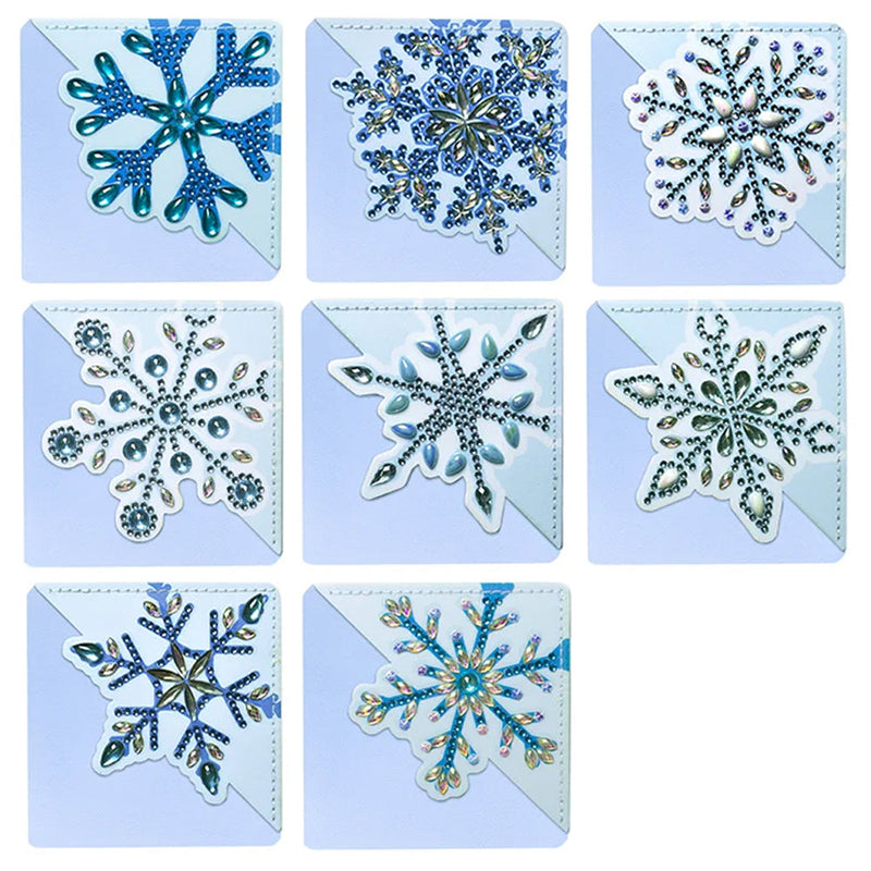 8Pcs de Marque-Pages Avec Coins Protecteurs en PU Flocon de Neige Bleu Broderie Diamant