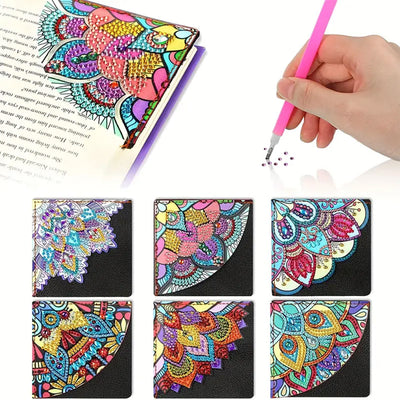 6Pcs de Marque-Pages Avec Coins Protecteurs en PU Mandala de Forme de Pétale Broderie Diamant