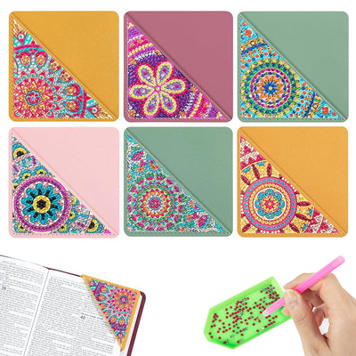 6Pcs de Marque-Pages Avec Coins Protecteurs en PU Mandala Triangle Broderie Diamant