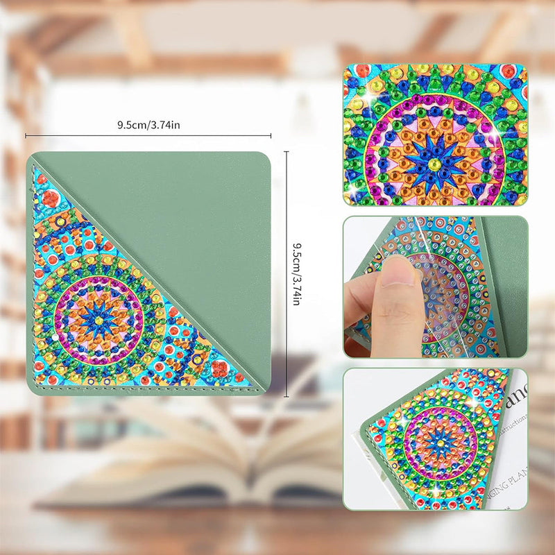 6Pcs de Marque-Pages Avec Coins Protecteurs en PU Mandala Triangle Broderie Diamant