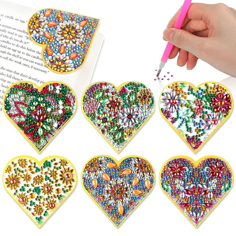 6Pcs de Marque-Pages Avec Coins Protecteurs en PU Mandala Chrysanthème de Forme de Cœur Broderie Diamant