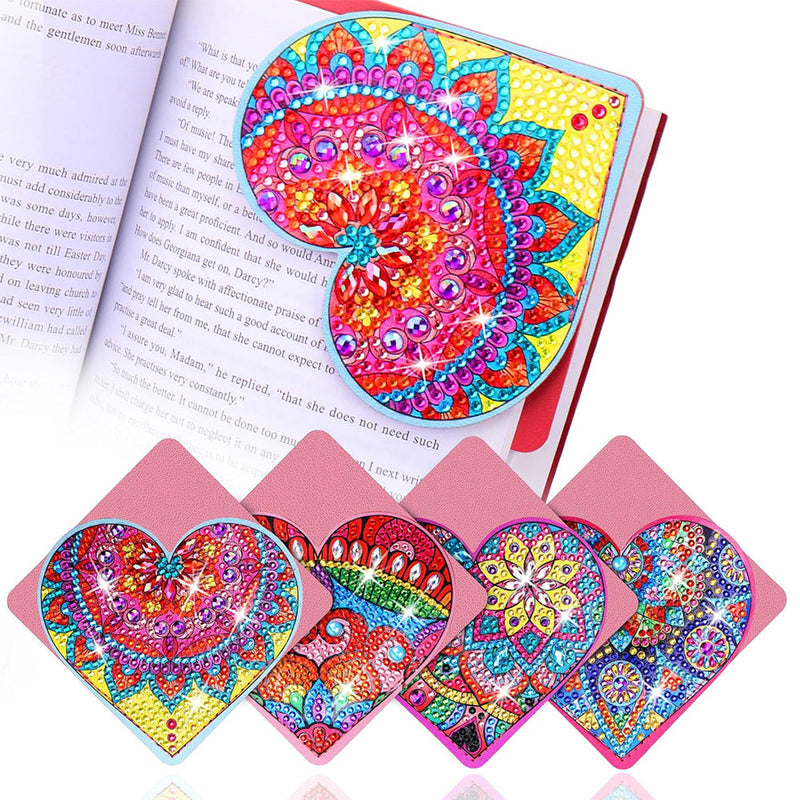 4Pcs de Marque-Pages Avec Coins Protecteurs en PU Mandala de Forme de Cœur Rouge Broderie Diamant