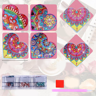 4Pcs de Marque-Pages Avec Coins Protecteurs en PU Mandala de Forme de Cœur Rouge Broderie Diamant