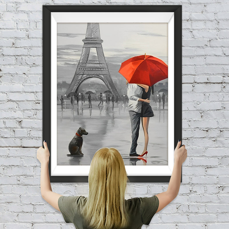 Couple, Chien et Tour Eiffel Broderie Diamant
