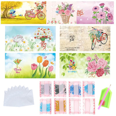 Cartes de Vœux Bicyclettes et Fleurs | 8 Pièces