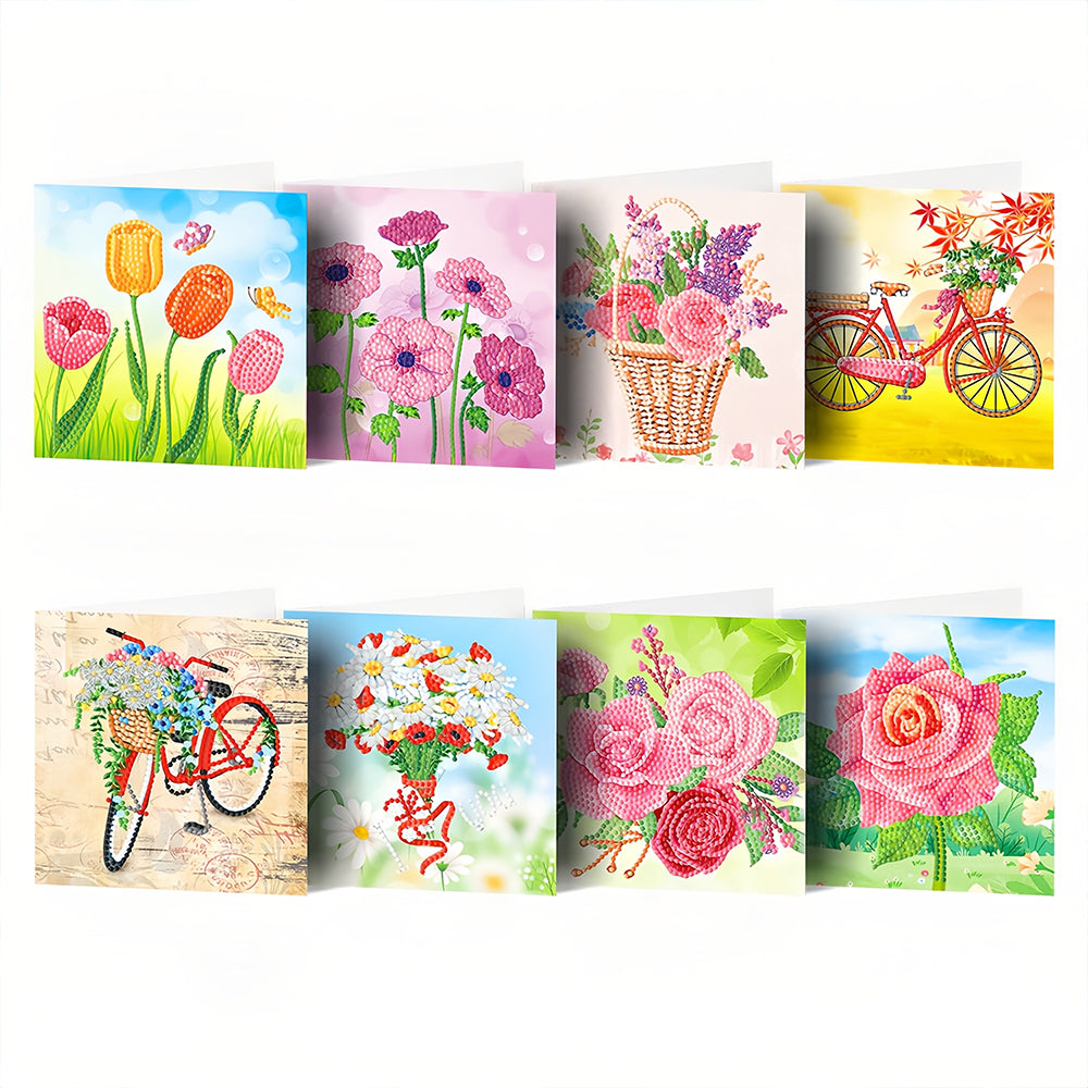 Cartes de Vœux Bicyclettes et Fleurs | 8 Pièces