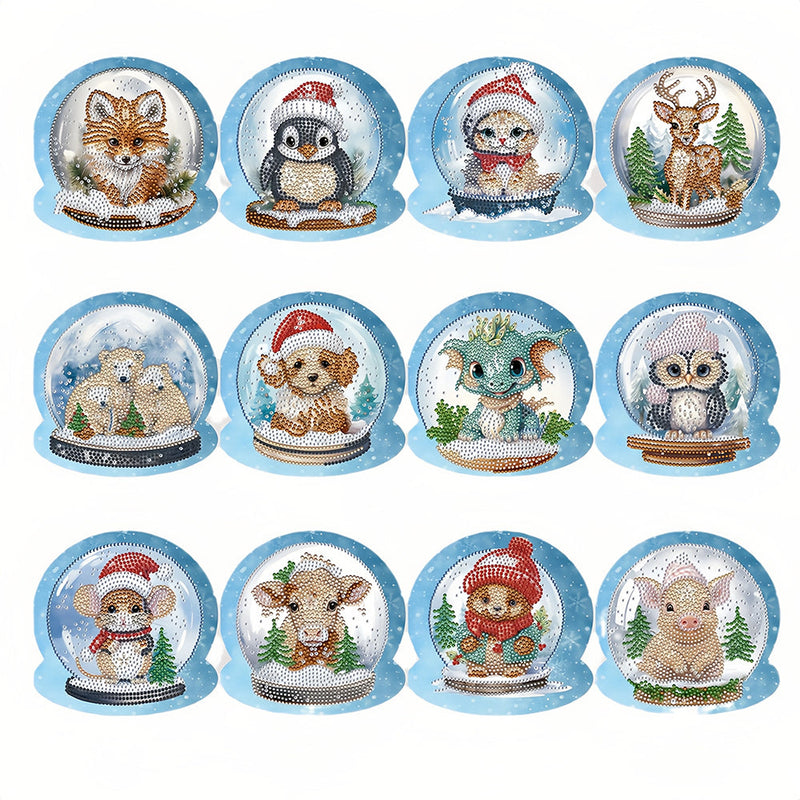 Cartes de Vœux Animaux de Noël dans Boule de Cristal | 12 Pièces