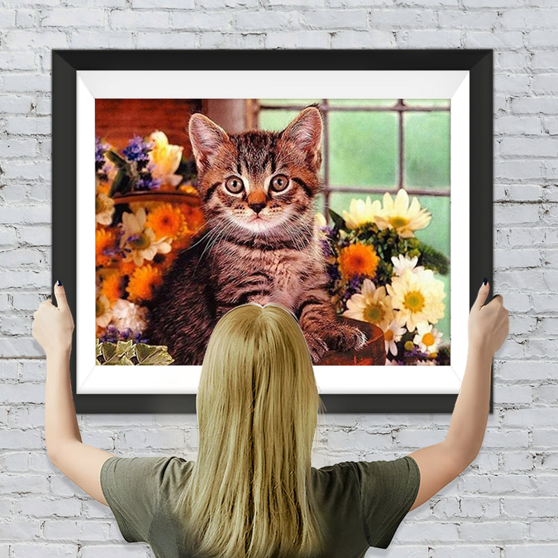 Chat et Marguerites Broderie Diamant