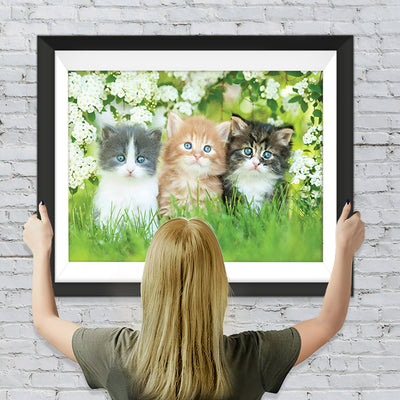Trois Chatons Mignons sur la Pelouse Verdoyante Broderie Diamant