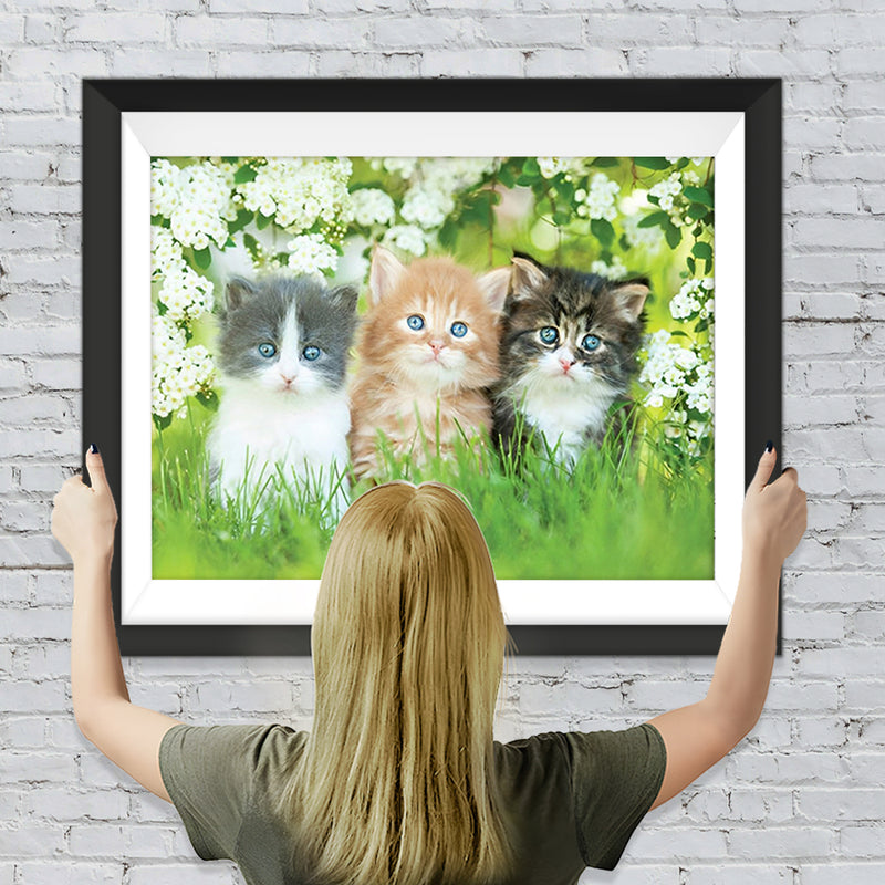Trois Chatons Mignons sur la Pelouse Verdoyante Broderie Diamant