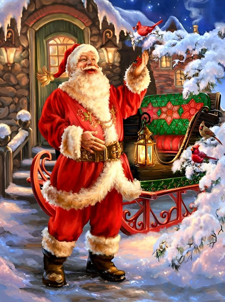 Père Noël et Mésange Rouge Broderie Diamant