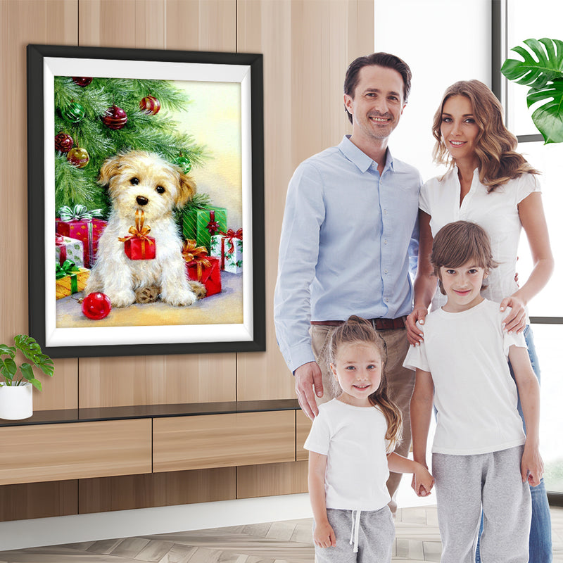 Chiot Bouclé de Noël Portant un Cadeau Broderie Diamant