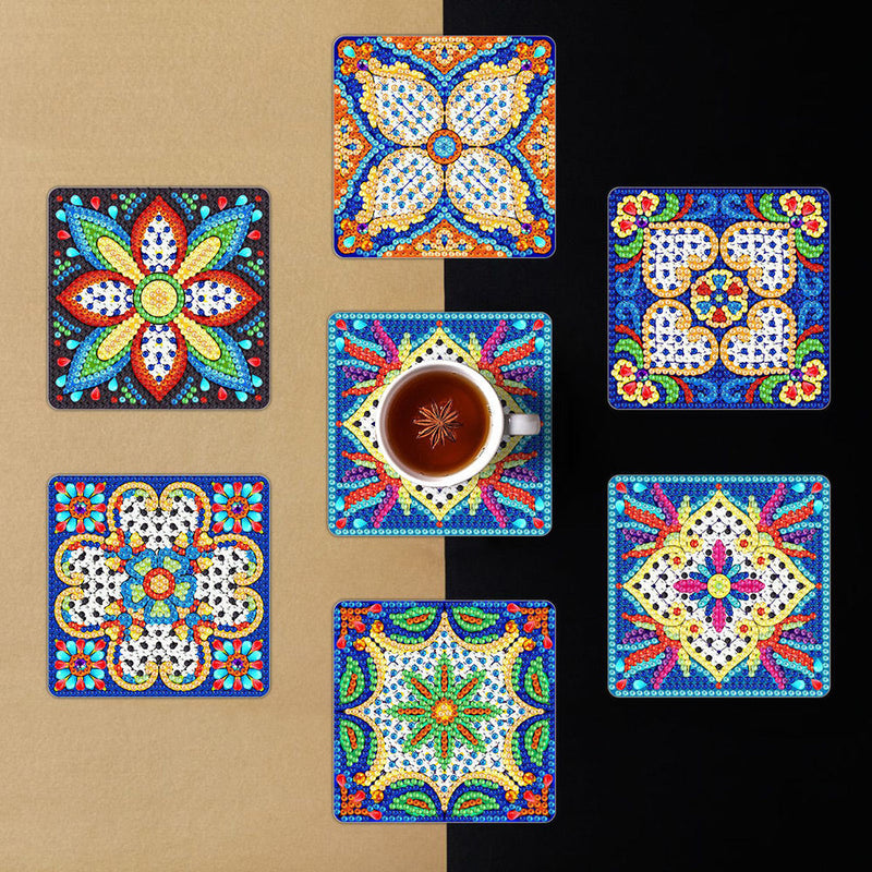 Mandala carré Sous-tasse Broderie Diamant 6Pcs