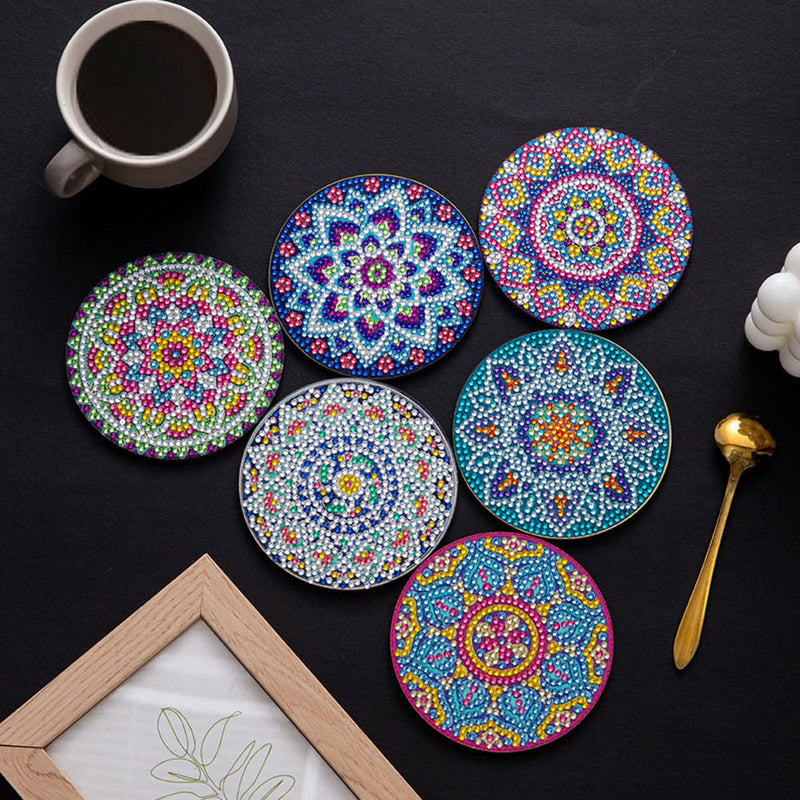 Mandala rond Sous-tasse Broderie Diamant 6Pcs