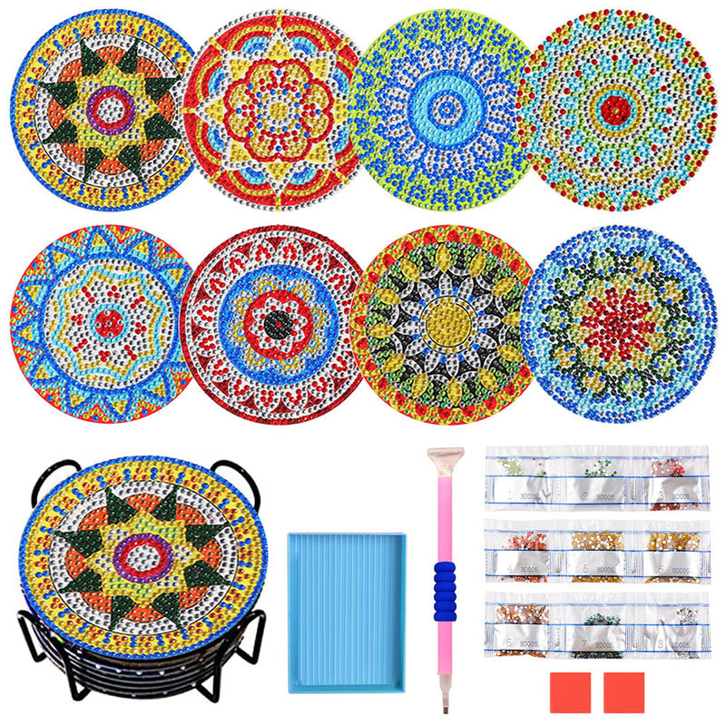 Mandala rond Sous-tasse Broderie Diamant 8Pcs