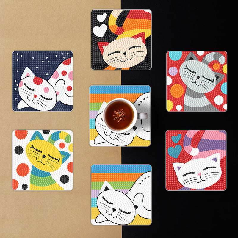 Chat de dessin animé carré Sous-tasse Broderie Diamant 6Pcs