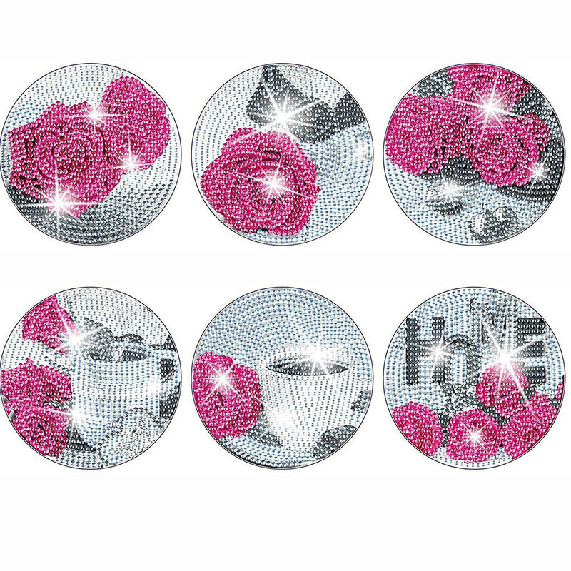 Fleur de rose Sous-tasse Broderie Diamant 6Pcs