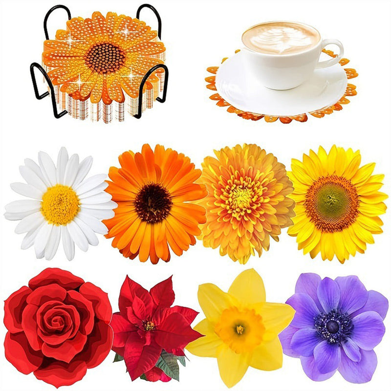 Différentes fleurs Sous-tasse Broderie Diamant 8Pcs