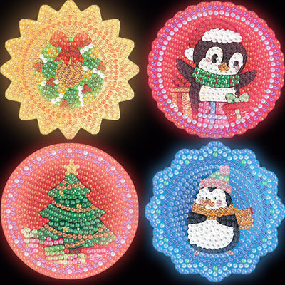 Style de Noël (avec lumière) Sous-tasse Broderie Diamant 4Pcs