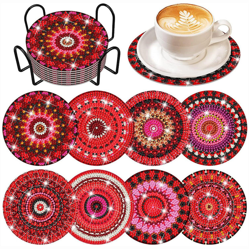 Mandala rouge Sous-tasse Broderie Diamant 8Pcs