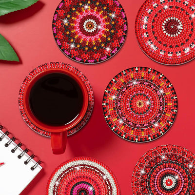 Mandala rouge Sous-tasse Broderie Diamant 8Pcs