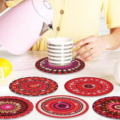 Mandala rouge Sous-tasse Broderie Diamant 8Pcs