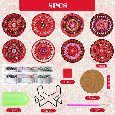 Mandala rouge Sous-tasse Broderie Diamant 8Pcs