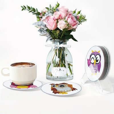 Hiboux heureux Sous-tasse Broderie Diamant 6Pcs