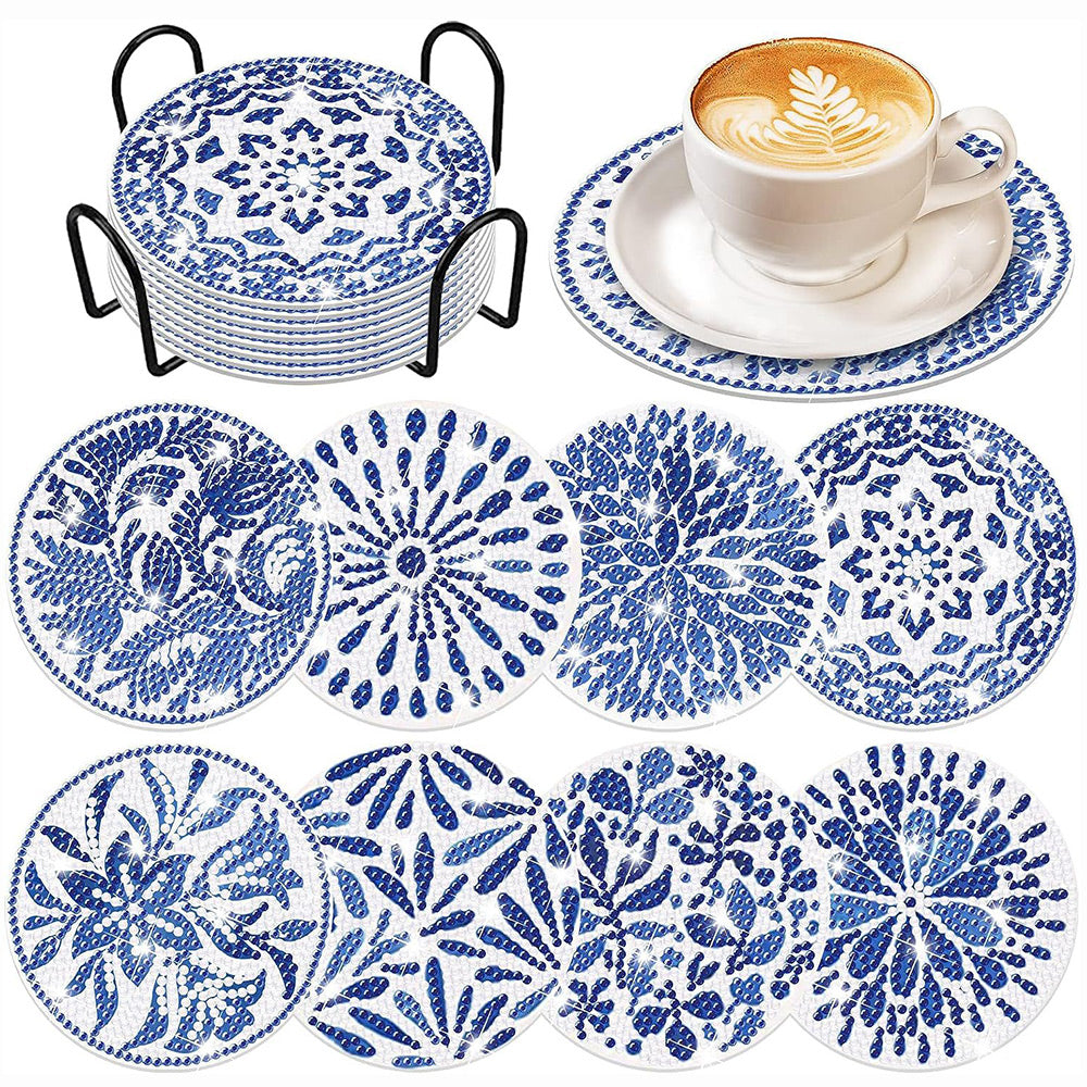 Fleur bleue Sous-tasse Broderie Diamant 8Pcs