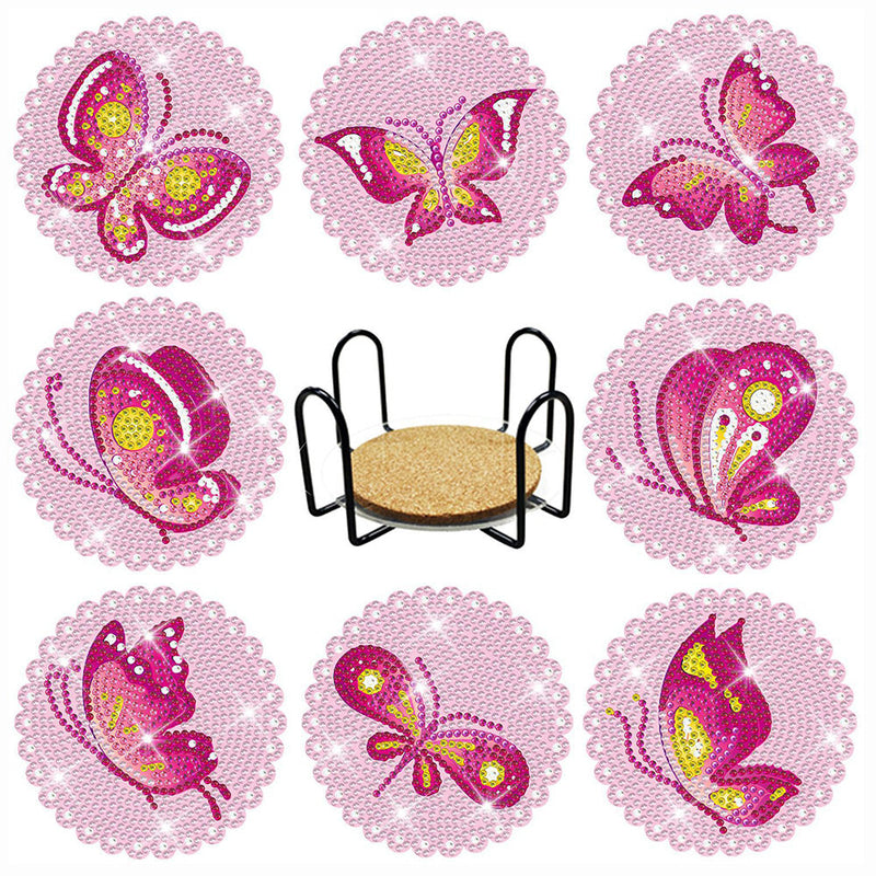 Papillon rose Sous-tasse Broderie Diamant 8Pcs