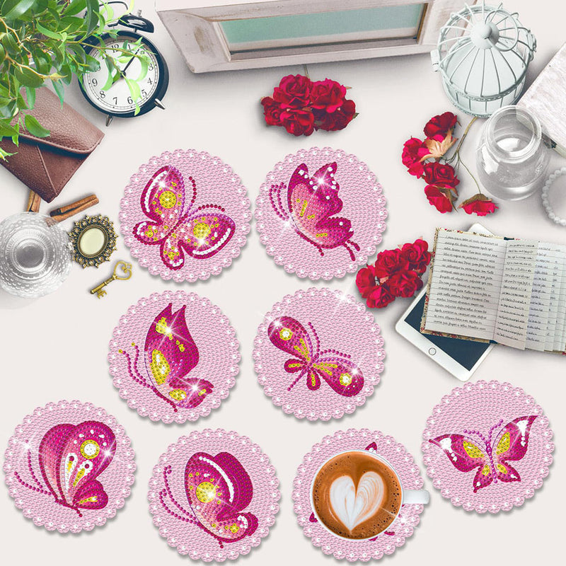 Papillon rose Sous-tasse Broderie Diamant 8Pcs