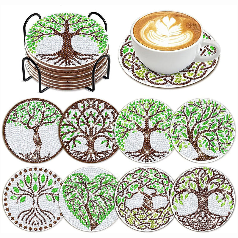 Arbre de vie vert Sous-tasse Broderie Diamant 8Pcs