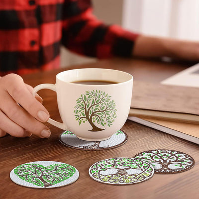 Arbre de vie vert Sous-tasse Broderie Diamant 8Pcs