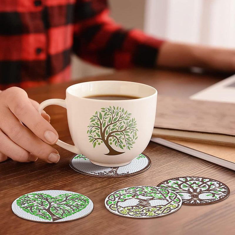 Arbre de vie vert Sous-tasse Broderie Diamant 8Pcs