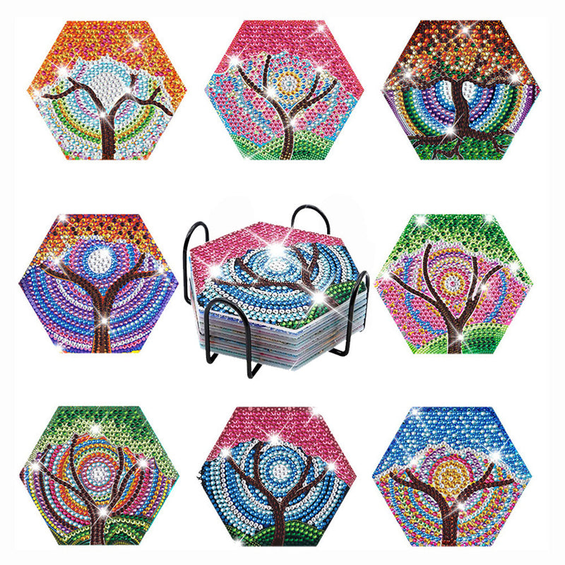 Arbre de vie hexagonal Sous-tasse Broderie Diamant 8Pcs