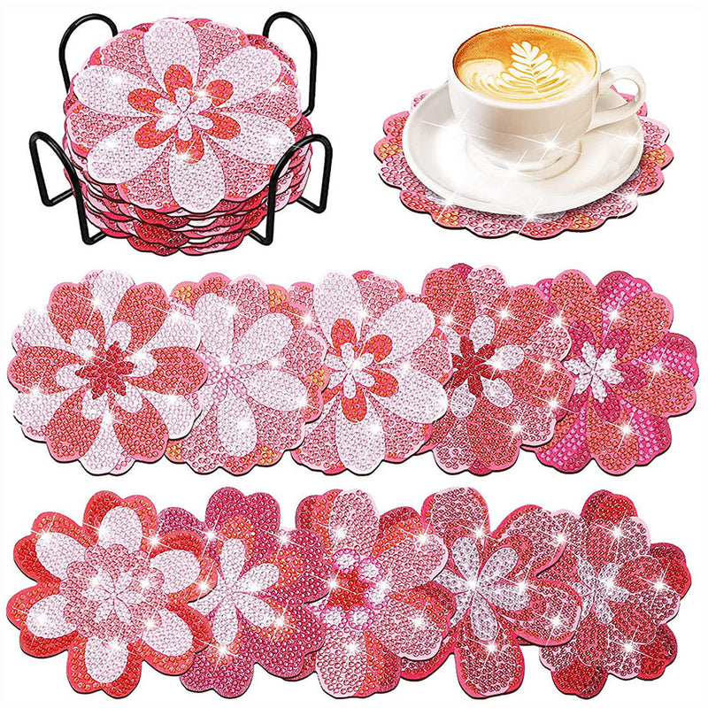 Fleurs roses Sous-tasse Broderie Diamant 10Pcs