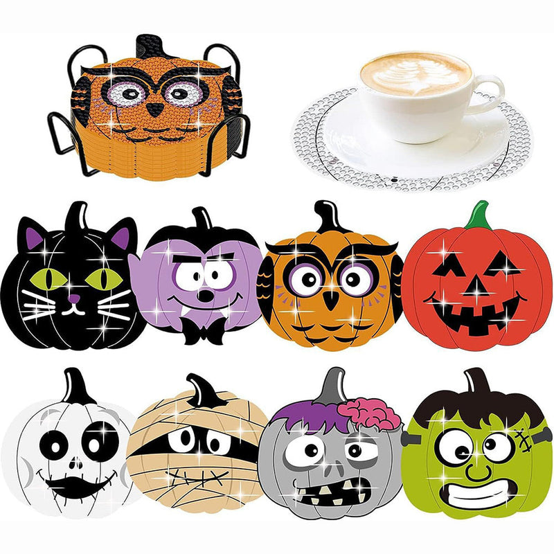 Citrouille d’Halloween Sous-tasse Broderie Diamant 8Pcs