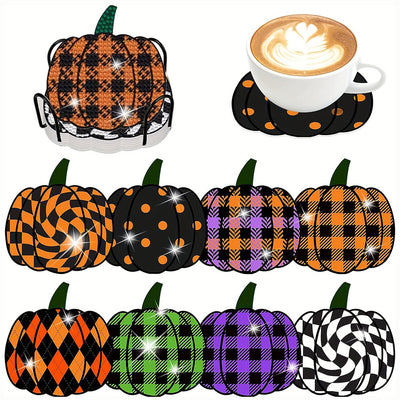 Citrouille d’Halloween Sous-tasse Broderie Diamant 8Pcs