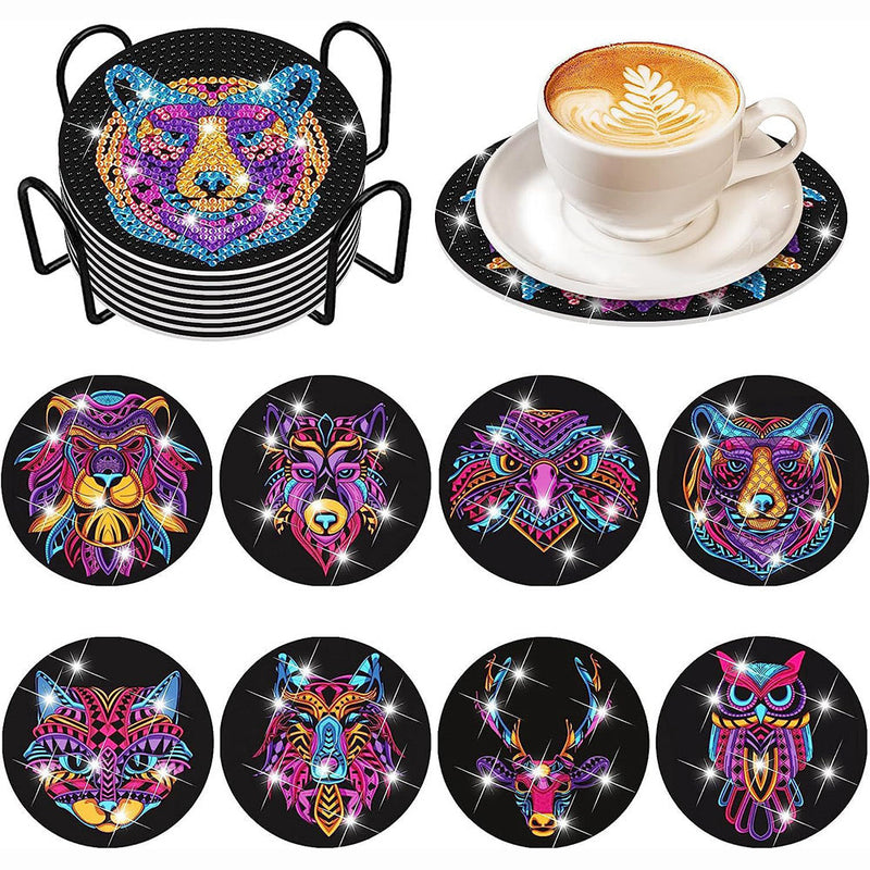 Animaux féroces colorés Sous-tasse Broderie Diamant 8Pcs