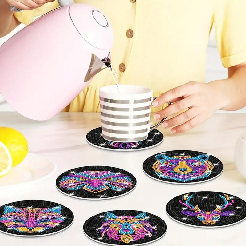 Animaux féroces colorés Sous-tasse Broderie Diamant 8Pcs