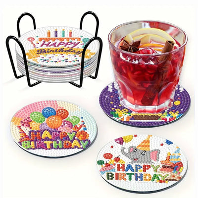 Bon anniversaire Sous-tasse Broderie Diamant 8Pcs