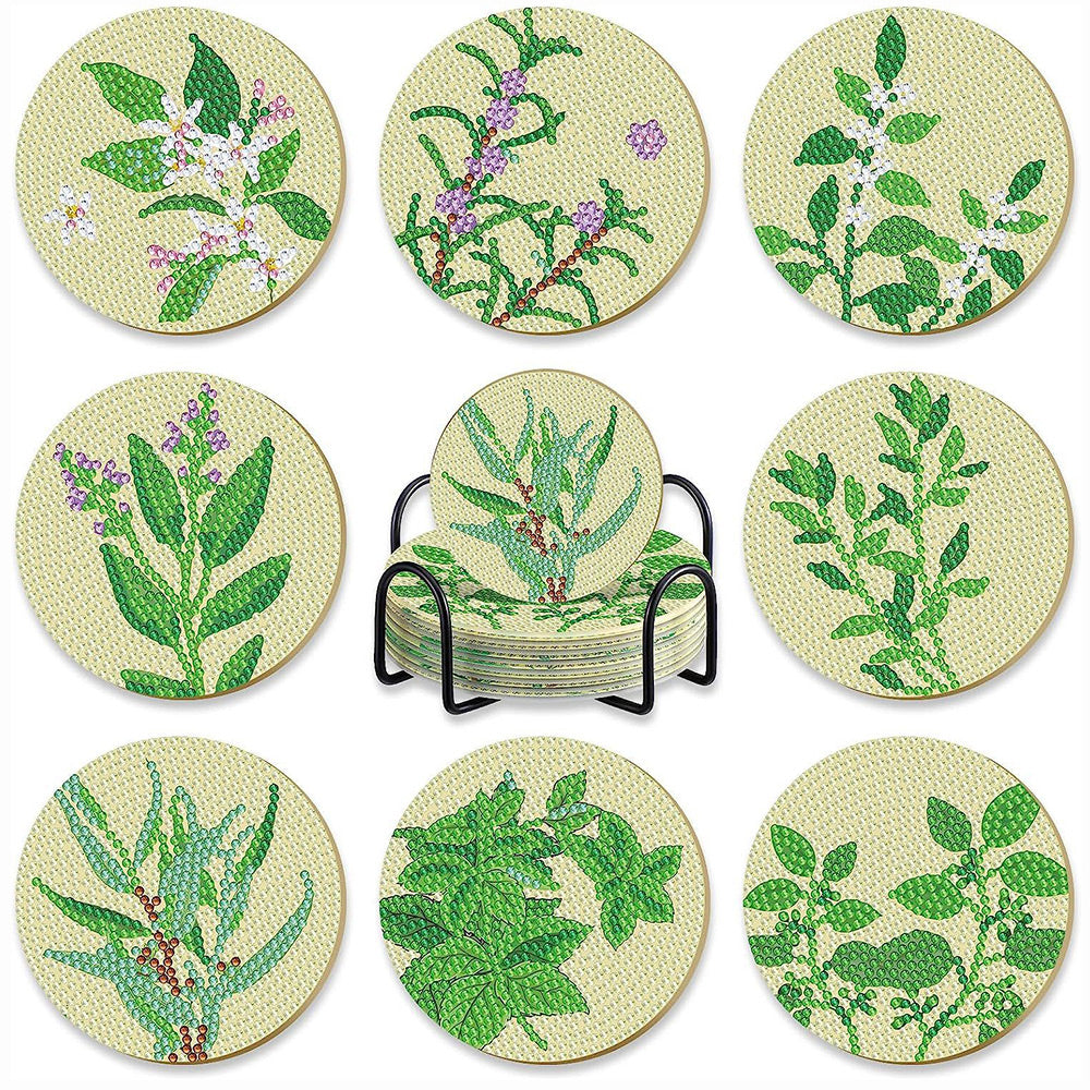 Plante Verte Sous-tasse Broderie Diamant 8Pcs